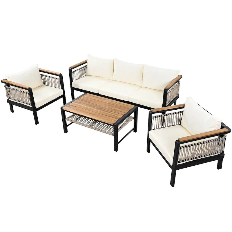 Ensemble de meubles d'extérieur 4 pièces en corde tressée, ensemble de canapés modulables de patio avec coussins imperméables amovibles et table basse
