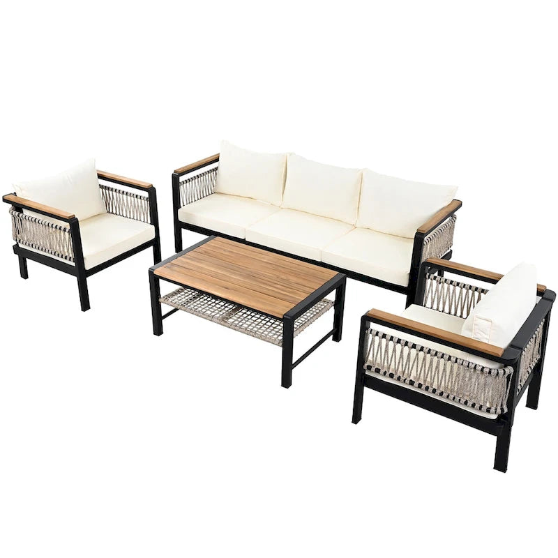 Ensemble de meubles d'extérieur 4 pièces en corde tressée, ensemble de canapés modulables de patio avec coussins imperméables amovibles et table basse