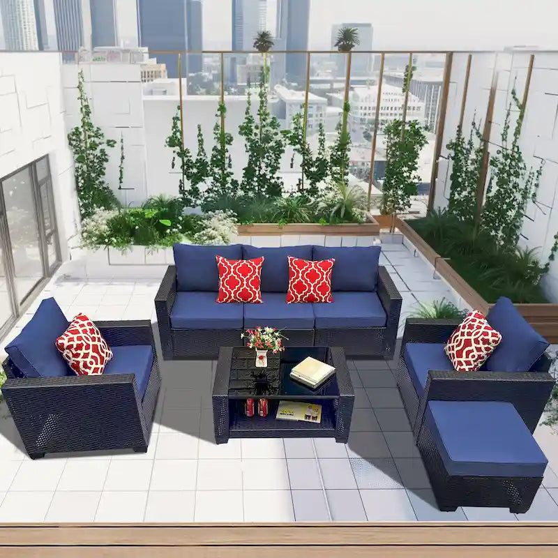 Ensemble de meubles de patio 7 pièces, canapé d'angle d'extérieur en rotin PE avec 2 fauteuils et table en verre trempé