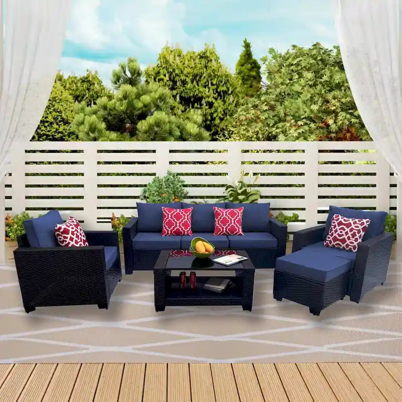 Ensemble de meubles de patio 7 pièces, canapé d'angle d'extérieur en rotin PE avec 2 fauteuils et table en verre trempé