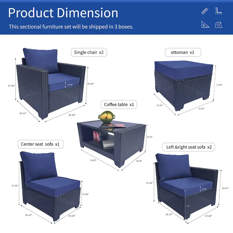 Ensemble de meubles de patio 7 pièces, canapé d'angle d'extérieur en rotin PE avec 2 fauteuils et table en verre trempé