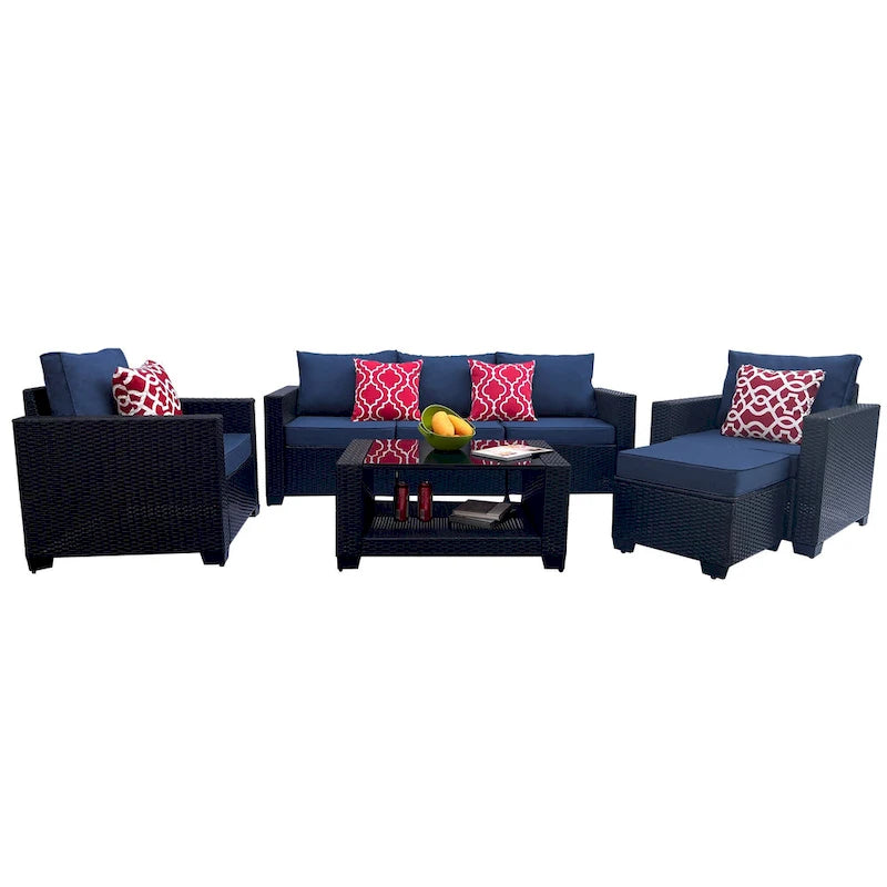 Ensemble de meubles de patio 7 pièces, canapé d'angle d'extérieur en rotin PE avec 2 fauteuils et table en verre trempé