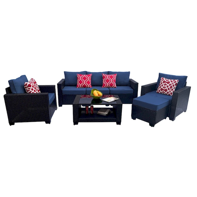 Ensemble de meubles de patio 7 pièces, canapé d'angle d'extérieur en rotin PE avec 2 fauteuils et table en verre trempé