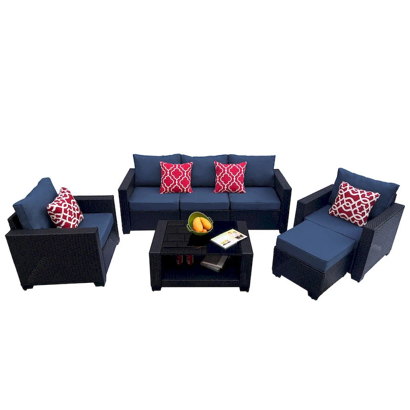 Ensemble de meubles de patio 7 pièces, canapé d'angle d'extérieur en rotin PE avec 2 fauteuils et table en verre trempé