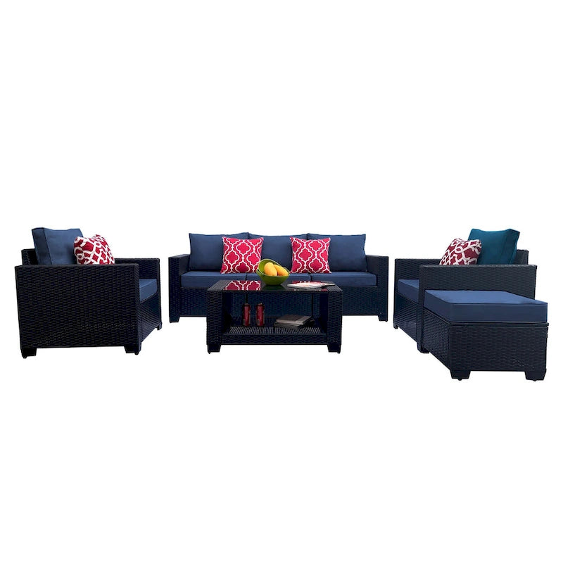 Ensemble de meubles de patio 7 pièces, canapé d'angle d'extérieur en rotin PE avec 2 fauteuils et table en verre trempé