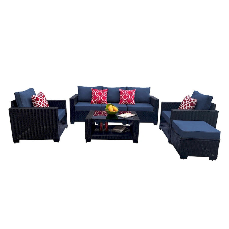 Ensemble de meubles de patio 7 pièces, canapé d'angle d'extérieur en rotin PE avec 2 fauteuils et table en verre trempé