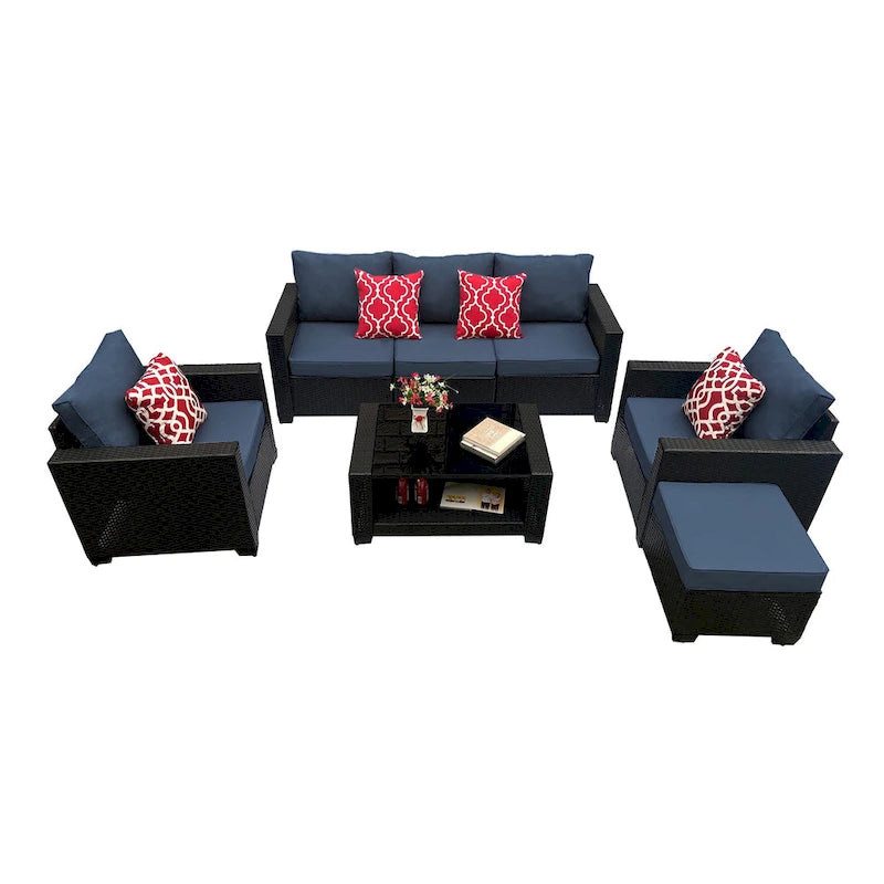 Ensemble de meubles de patio 7 pièces, canapé d'angle d'extérieur en rotin PE avec 2 fauteuils et table en verre trempé