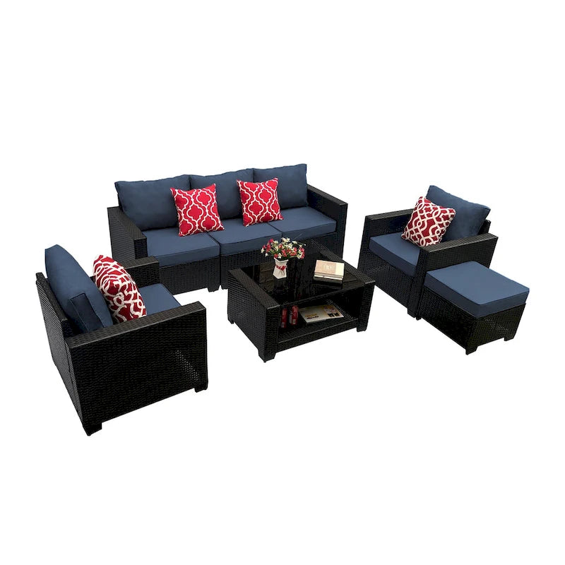 Ensemble de meubles de patio 7 pièces, canapé d'angle d'extérieur en rotin PE avec 2 fauteuils et table en verre trempé