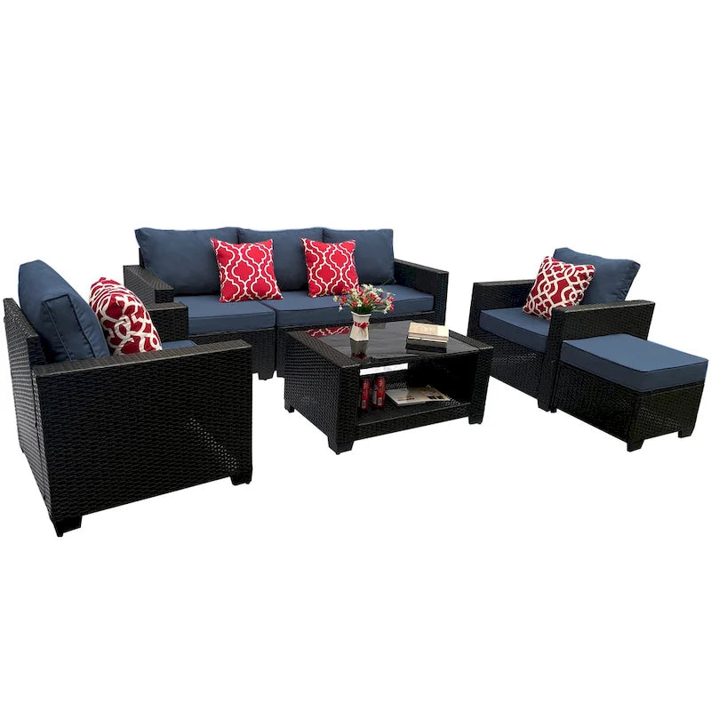 Ensemble de meubles de patio 7 pièces, canapé d'angle d'extérieur en rotin PE avec 2 fauteuils et table en verre trempé