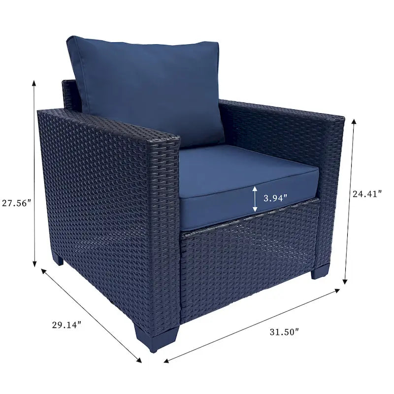 Ensemble de meubles de patio 7 pièces, canapé d'angle d'extérieur en rotin PE avec 2 fauteuils et table en verre trempé