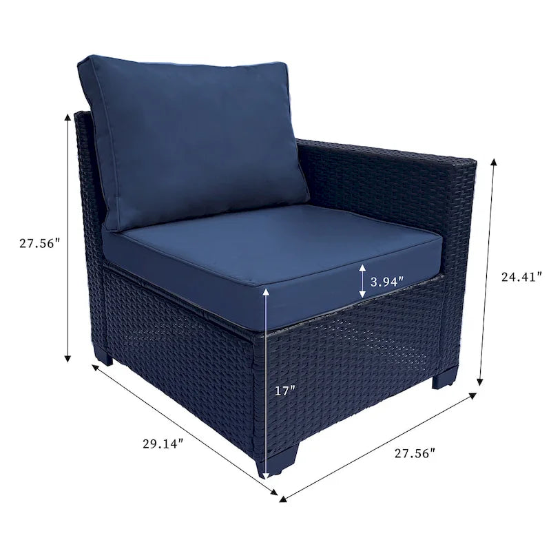 Ensemble de meubles de patio 7 pièces, canapé d'angle d'extérieur en rotin PE avec 2 fauteuils et table en verre trempé