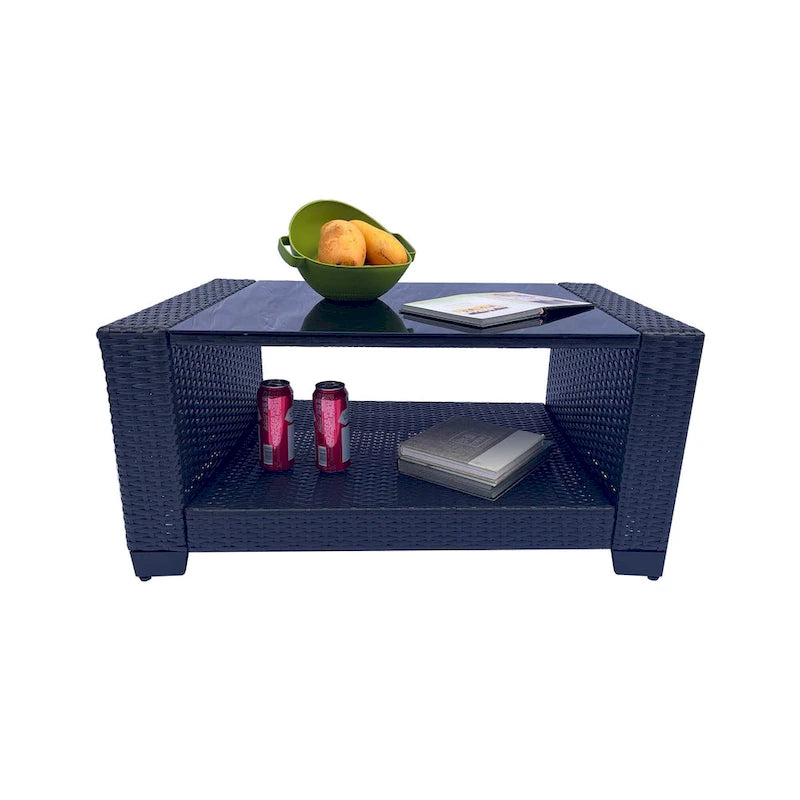 Ensemble de meubles de patio 7 pièces, canapé d'angle d'extérieur en rotin PE avec 2 fauteuils et table en verre trempé
