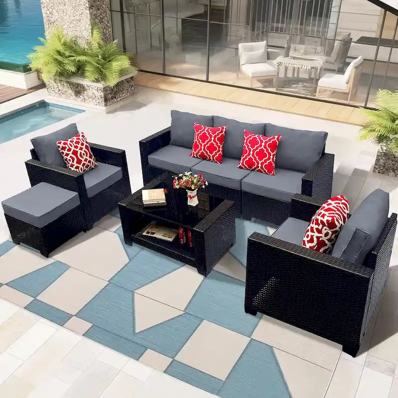 Ensemble de meubles de patio 7 pièces, canapé d'angle d'extérieur en rotin PE avec 2 fauteuils et table en verre trempé