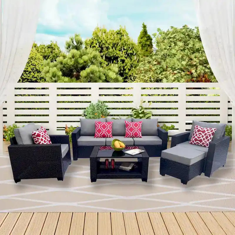 Ensemble de meubles de patio 7 pièces, canapé d'angle d'extérieur en rotin PE avec 2 fauteuils et table en verre trempé