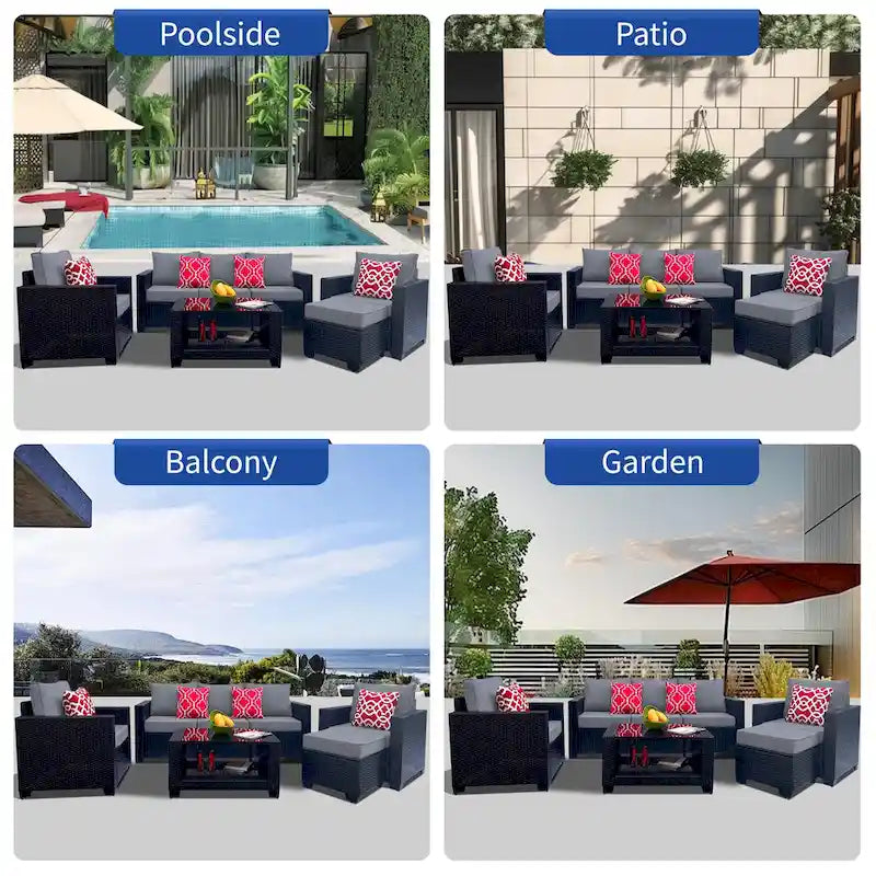 Ensemble de meubles de patio 7 pièces, canapé d'angle d'extérieur en rotin PE avec 2 fauteuils et table en verre trempé