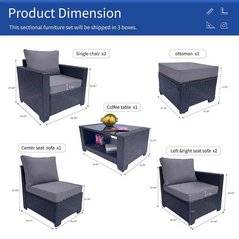 Ensemble de meubles de patio 7 pièces, canapé d'angle d'extérieur en rotin PE avec 2 fauteuils et table en verre trempé