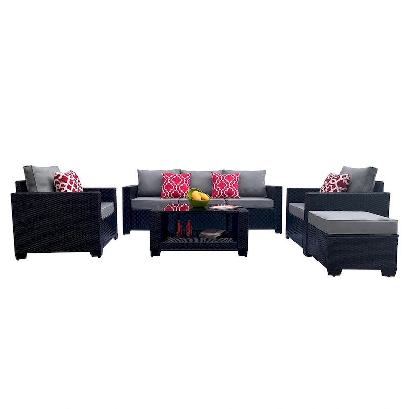 Ensemble de meubles de patio 7 pièces, canapé d'angle d'extérieur en rotin PE avec 2 fauteuils et table en verre trempé