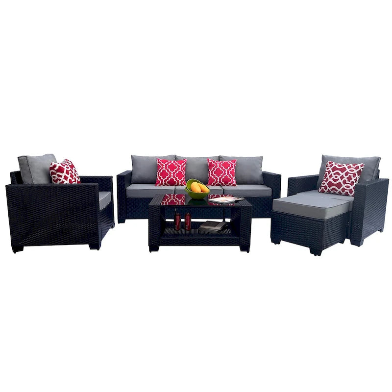 Ensemble de meubles de patio 7 pièces, canapé d'angle d'extérieur en rotin PE avec 2 fauteuils et table en verre trempé