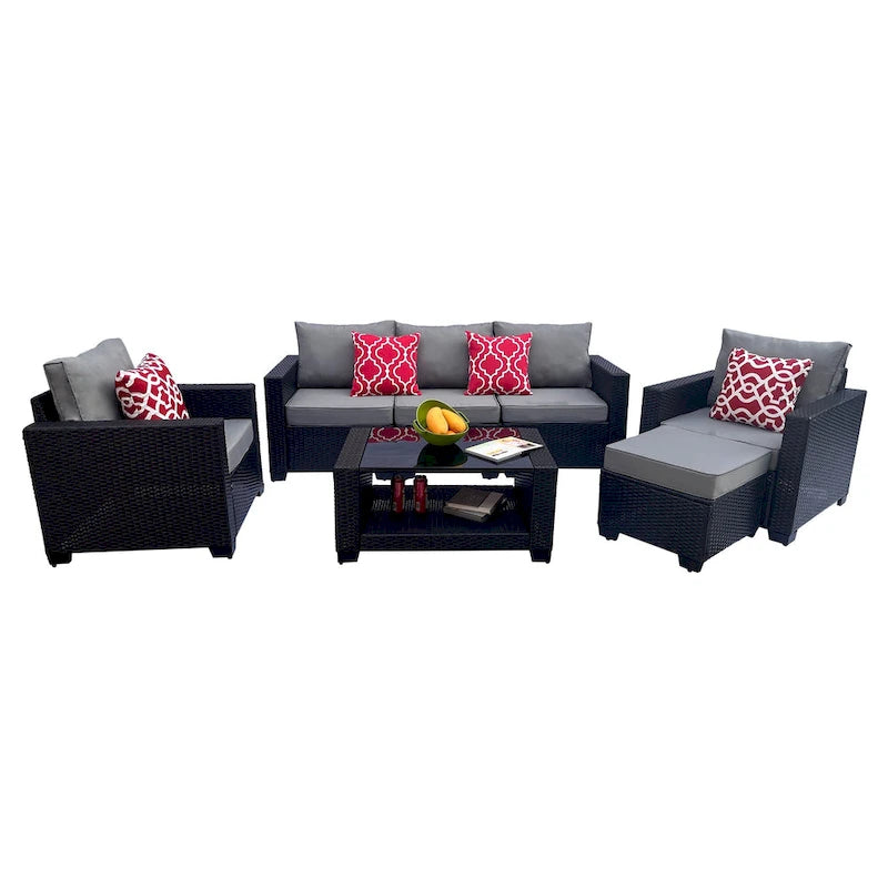 Ensemble de meubles de patio 7 pièces, canapé d'angle d'extérieur en rotin PE avec 2 fauteuils et table en verre trempé