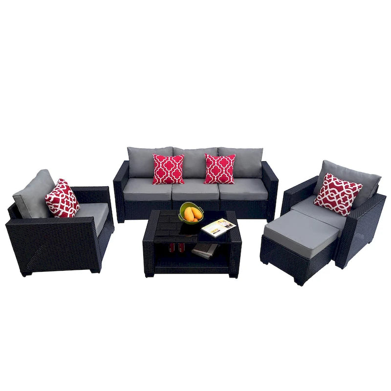 Ensemble de meubles de patio 7 pièces, canapé d'angle d'extérieur en rotin PE avec 2 fauteuils et table en verre trempé