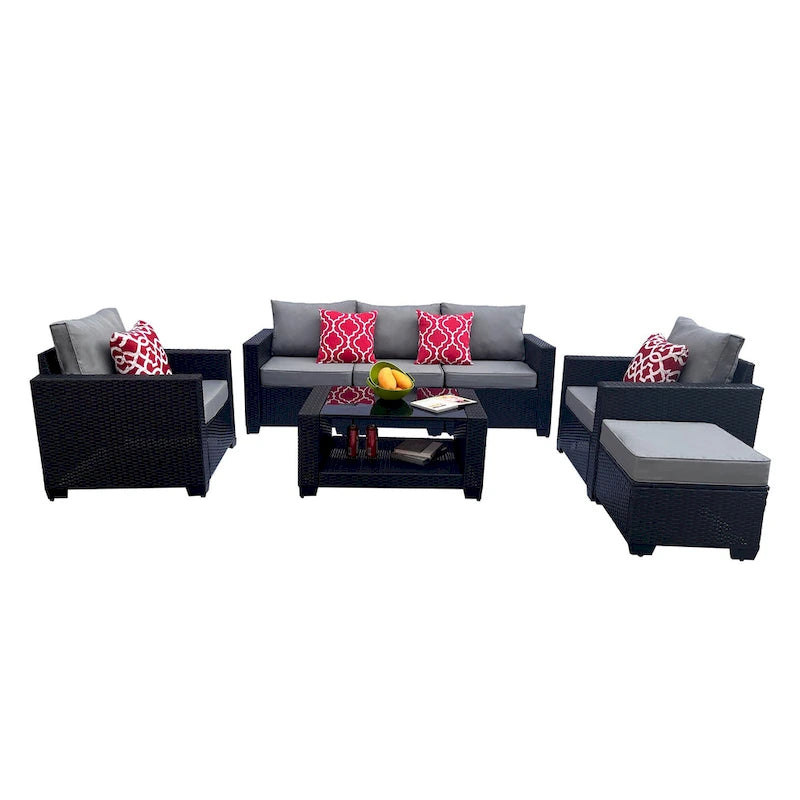 Ensemble de meubles de patio 7 pièces, canapé d'angle d'extérieur en rotin PE avec 2 fauteuils et table en verre trempé