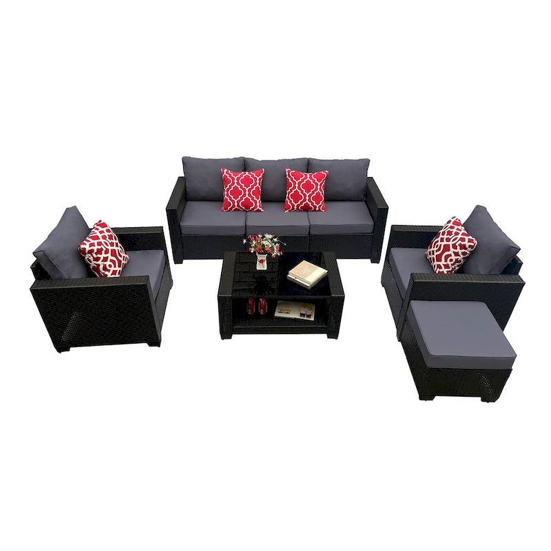 Ensemble de meubles de patio 7 pièces, canapé d'angle d'extérieur en rotin PE avec 2 fauteuils et table en verre trempé