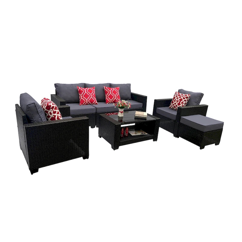 Ensemble de meubles de patio 7 pièces, canapé d'angle d'extérieur en rotin PE avec 2 fauteuils et table en verre trempé