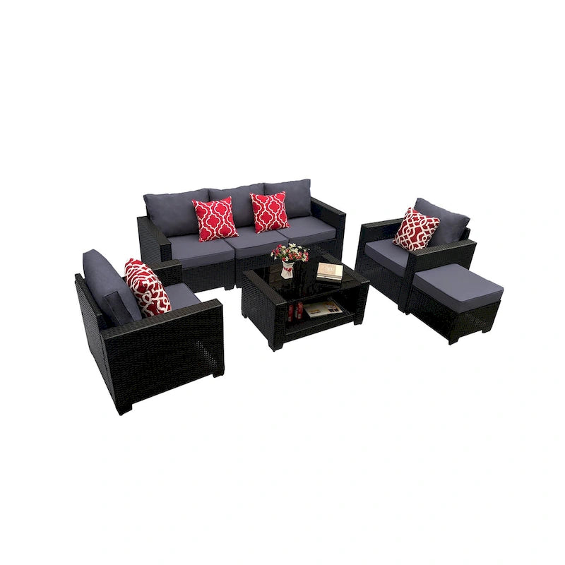 Ensemble de meubles de patio 7 pièces, canapé d'angle d'extérieur en rotin PE avec 2 fauteuils et table en verre trempé