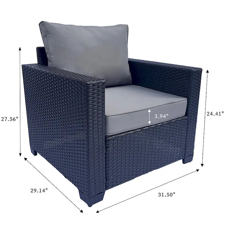 Ensemble de meubles de patio 7 pièces, canapé d'angle d'extérieur en rotin PE avec 2 fauteuils et table en verre trempé