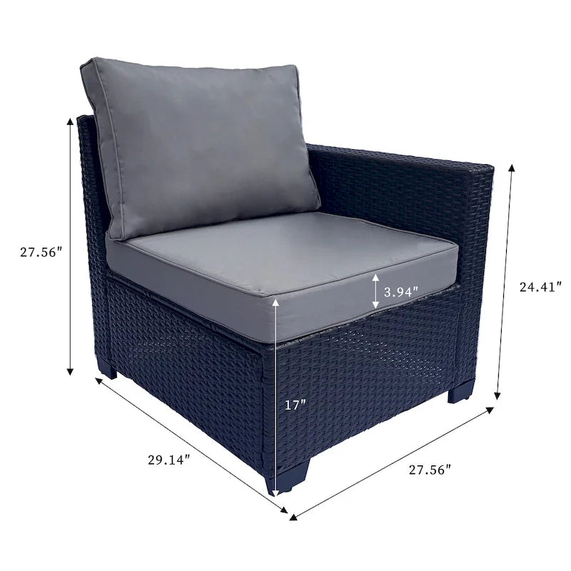 Ensemble de meubles de patio 7 pièces, canapé d'angle d'extérieur en rotin PE avec 2 fauteuils et table en verre trempé