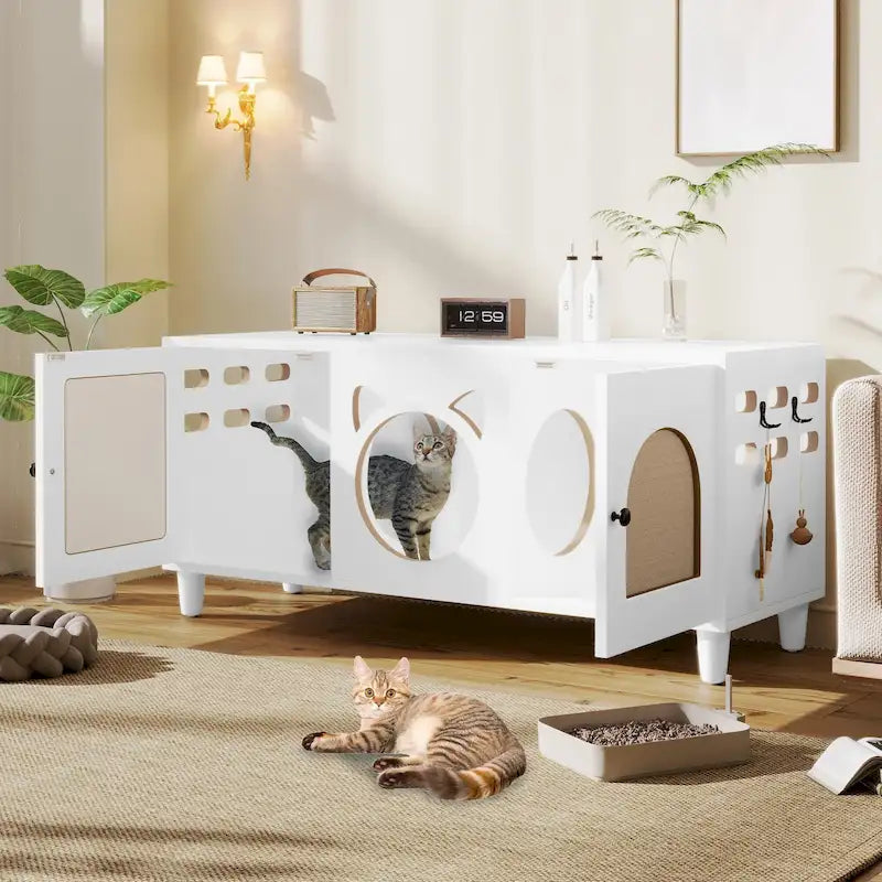 Meuble Cache Litière pour Chat, Cache Litière pour Chat avec Porte à Griffer, Maison pour Animaux de Compagnie Style Meuble, Meuble TV Moderne