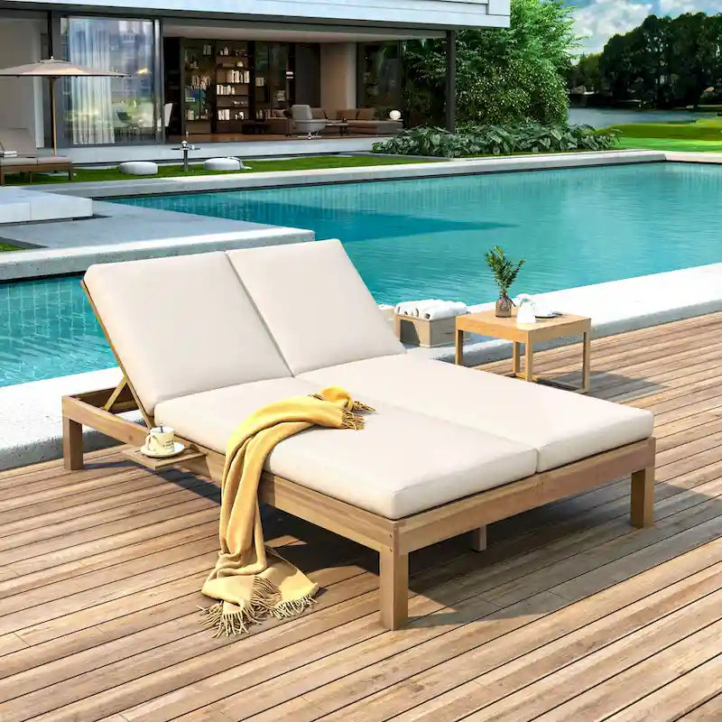 5-Position Double Chaise Lounge, Outdoor Chaise Lounge with Cushion and Folding Side Trays for 2 People