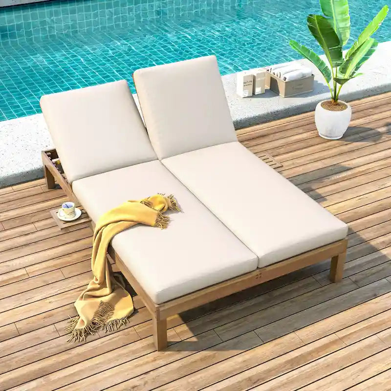 Double chaise longue 5 positions, chaise longue d'extérieur avec coussin et tablettes latérales pliantes pour 2 personnes