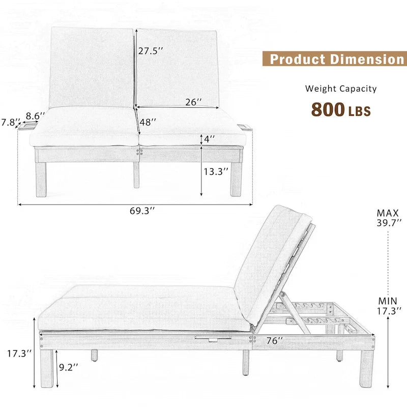 Double chaise longue 5 positions, chaise longue d'extérieur avec coussin et tablettes latérales pliantes pour 2 personnes
