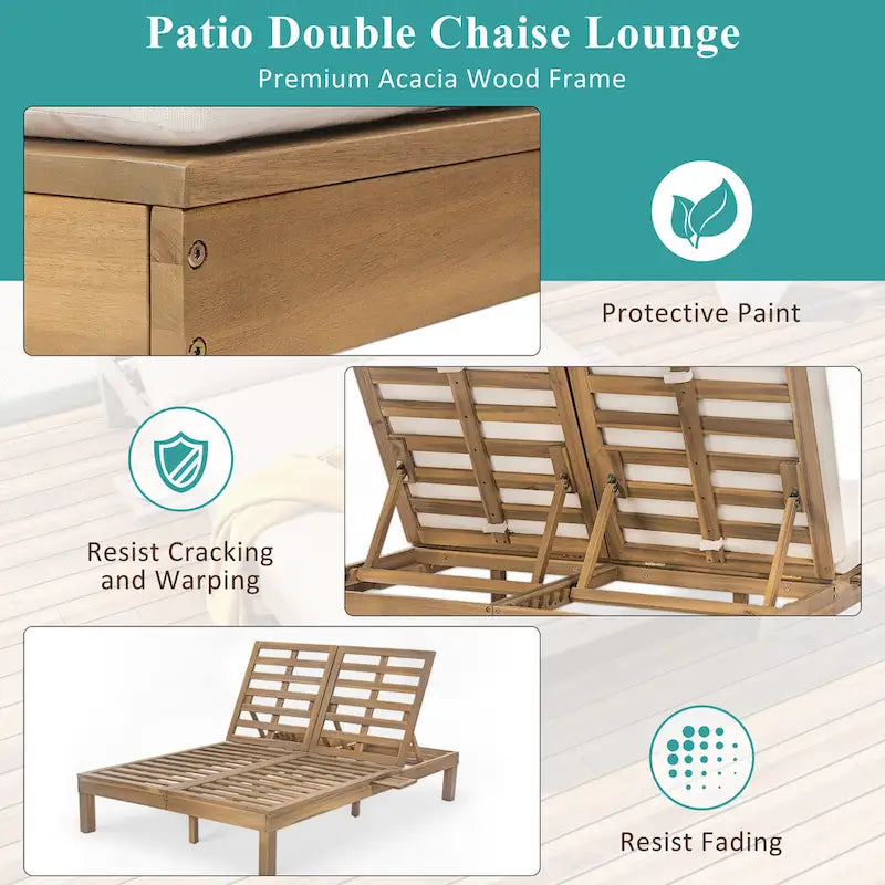 Double chaise longue 5 positions, chaise longue d'extérieur avec coussin et tablettes latérales pliantes pour 2 personnes