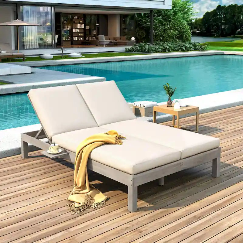 Double chaise longue 5 positions, chaise longue d'extérieur avec coussin et tablettes latérales pliantes pour 2 personnes