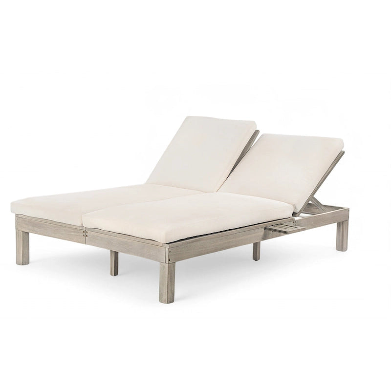 Double chaise longue 5 positions, chaise longue d'extérieur avec coussin et tablettes latérales pliantes pour 2 personnes