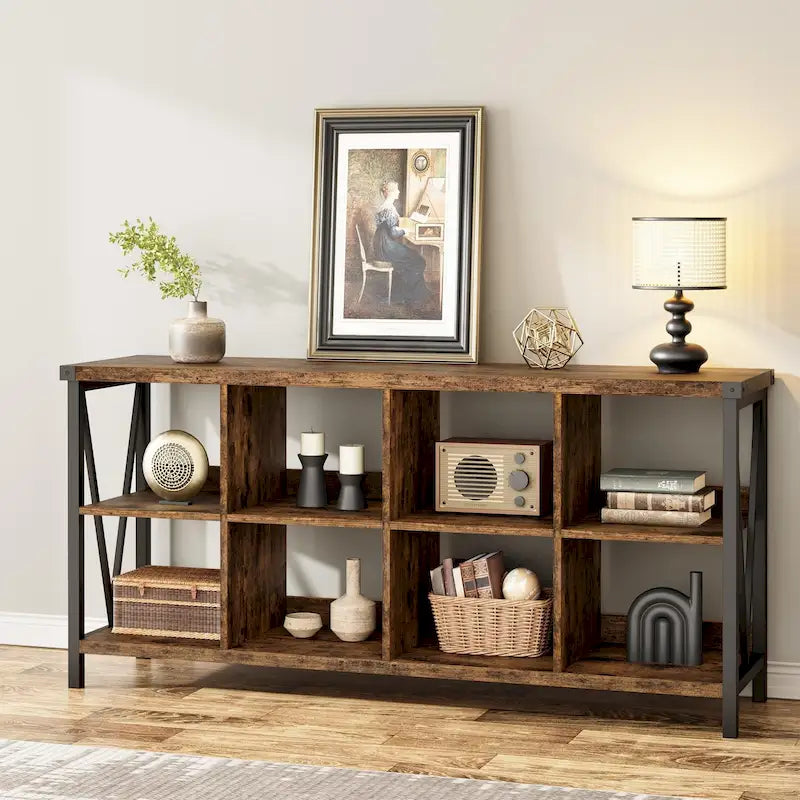 Bibliothèque métallique horizontale de 157 cm, étagère de rangement à 3 niveaux et 8 casiers, longue étagère basse pour salon