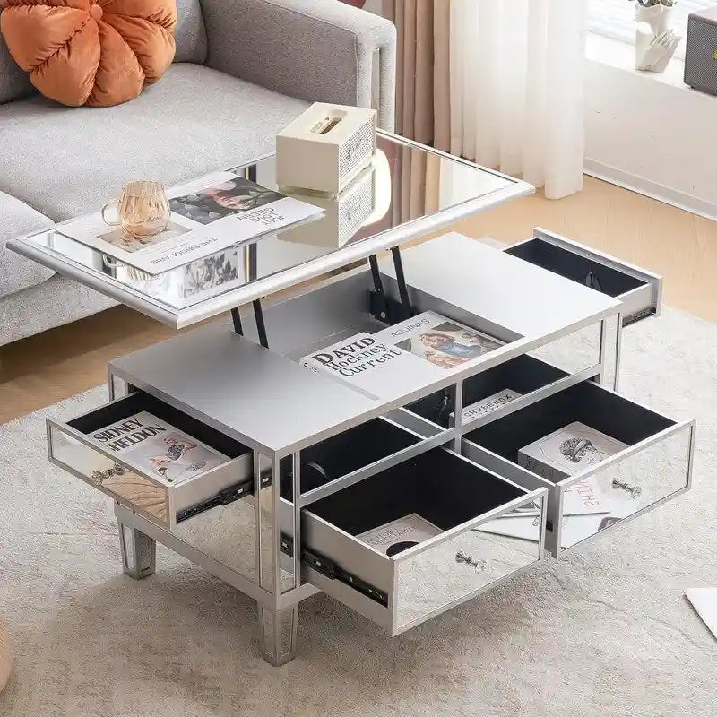 Table basse relevable miroir avec tiroirs