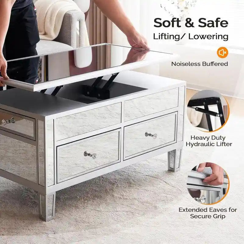 Table basse relevable miroir avec tiroirs