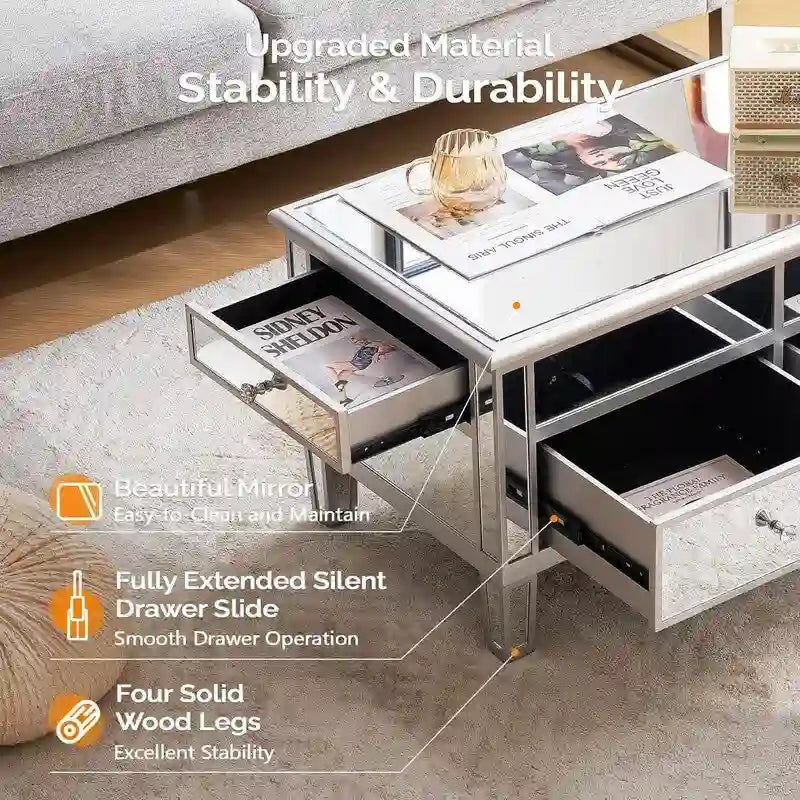 Table basse relevable miroir avec tiroirs