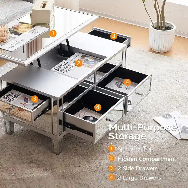 Table basse relevable miroir avec tiroirs