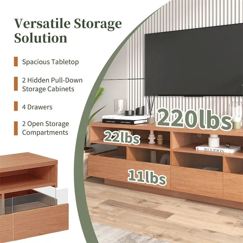 Meuble TV moderne avec 4 tiroirs et 2 niches ouvertes, Meuble Console Multimédia