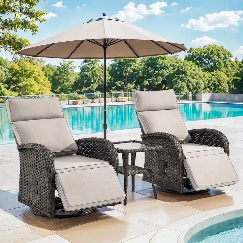 Pocassy 3PCS Versatile Outdoor Recliner Chair with Side Table Beige Cushion