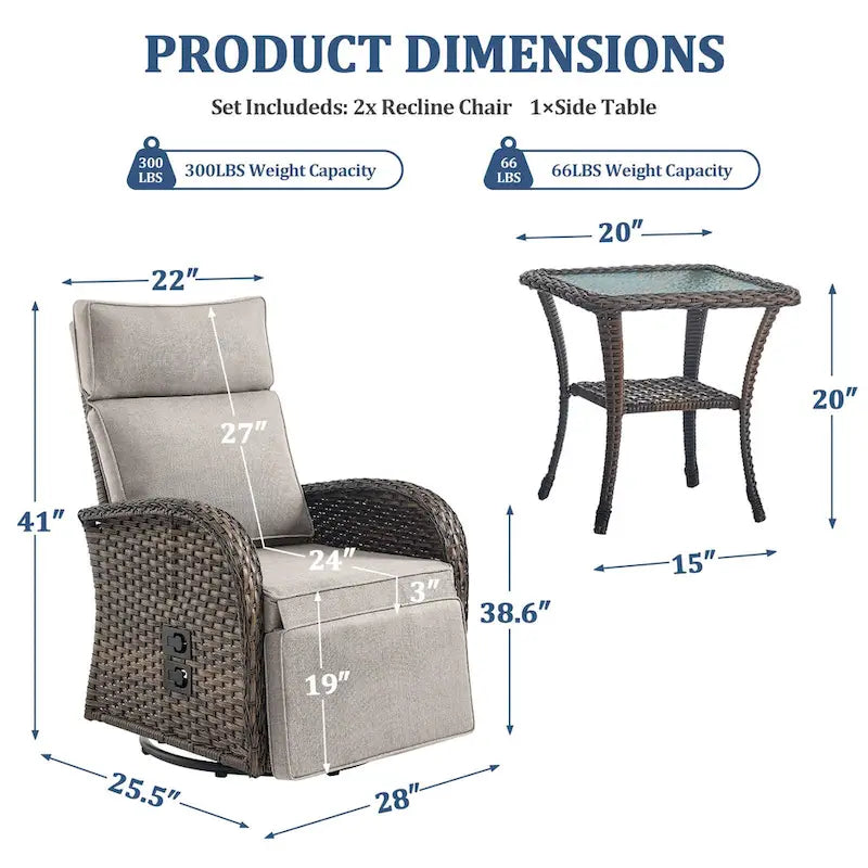 Pocassy Lot de 3 fauteuils inclinables polyvalents d'extérieur avec table d'appoint et coussin beige