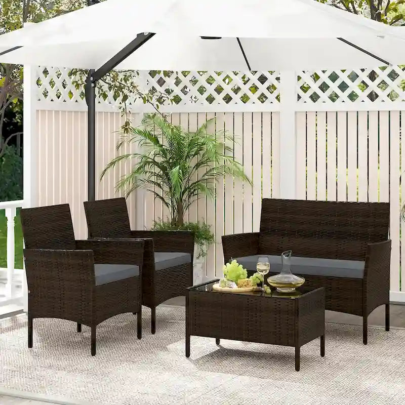 Ensemble de conversation en rotin de patio 4 pièces Gymax Meubles d'extérieur en osier