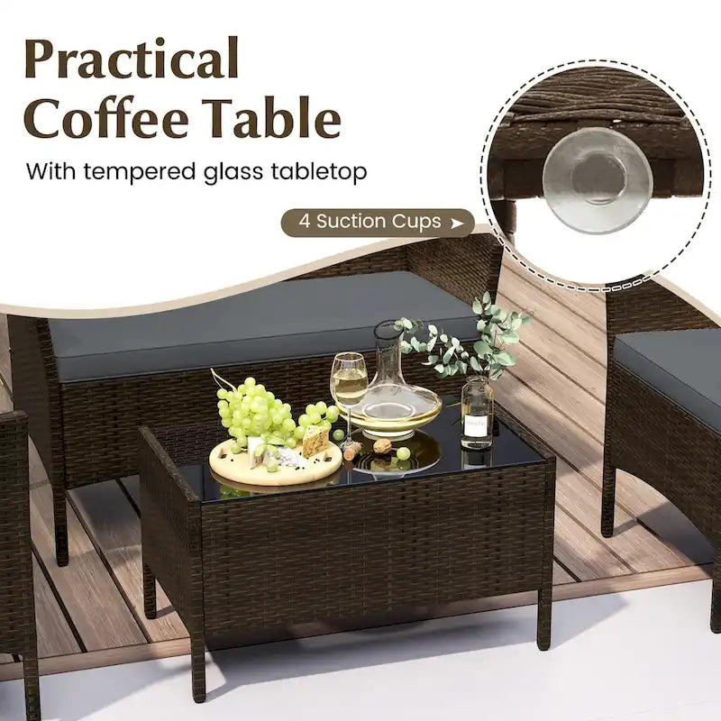 Ensemble de conversation en rotin de patio 4 pièces Gymax Meubles d'extérieur en osier