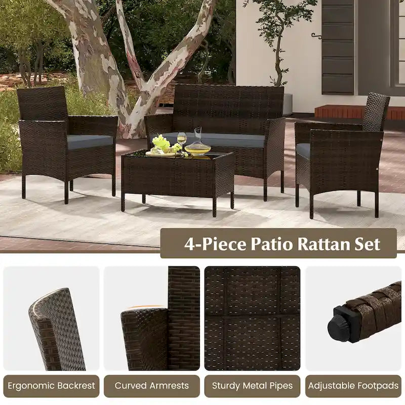Ensemble de conversation en rotin de patio 4 pièces Gymax Meubles d'extérieur en osier