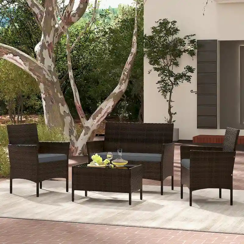 Ensemble de conversation en rotin de patio 4 pièces Gymax Meubles d'extérieur en osier