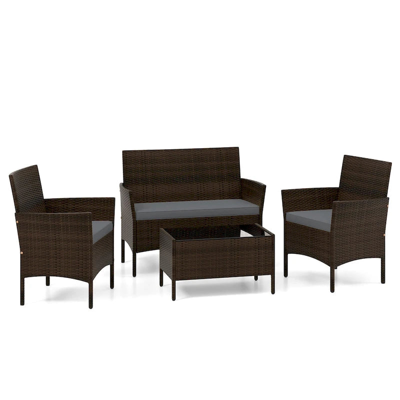 Ensemble de conversation en rotin de patio 4 pièces Gymax Meubles d'extérieur en osier